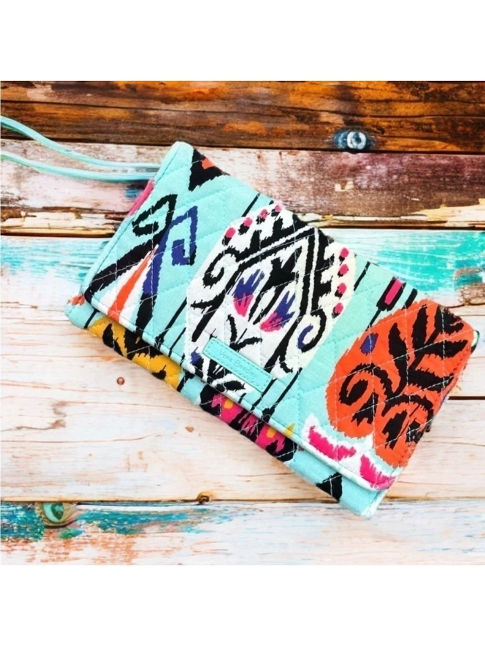 2pc Vera Bradley Pueblo Compact Backpack &Trifold Wristlet Wallet Teal Pink Ikat